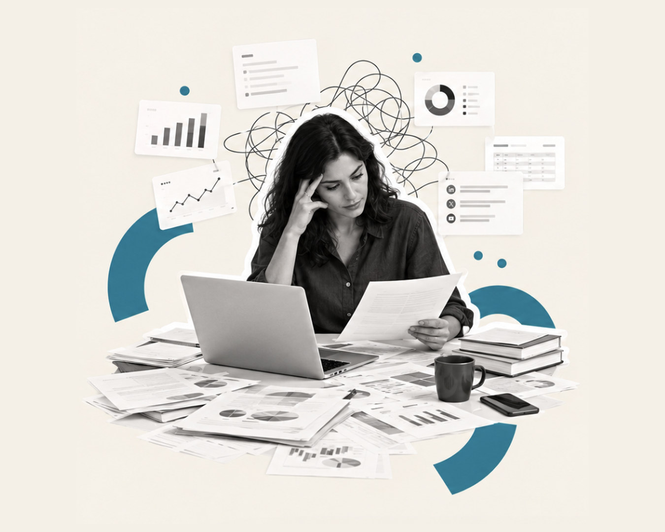 A marketer at a desk buried in printouts, dashboards and social feeds floating around her head